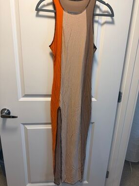 Sleeveless Colorblock Maxi Dress in Orange and Tan